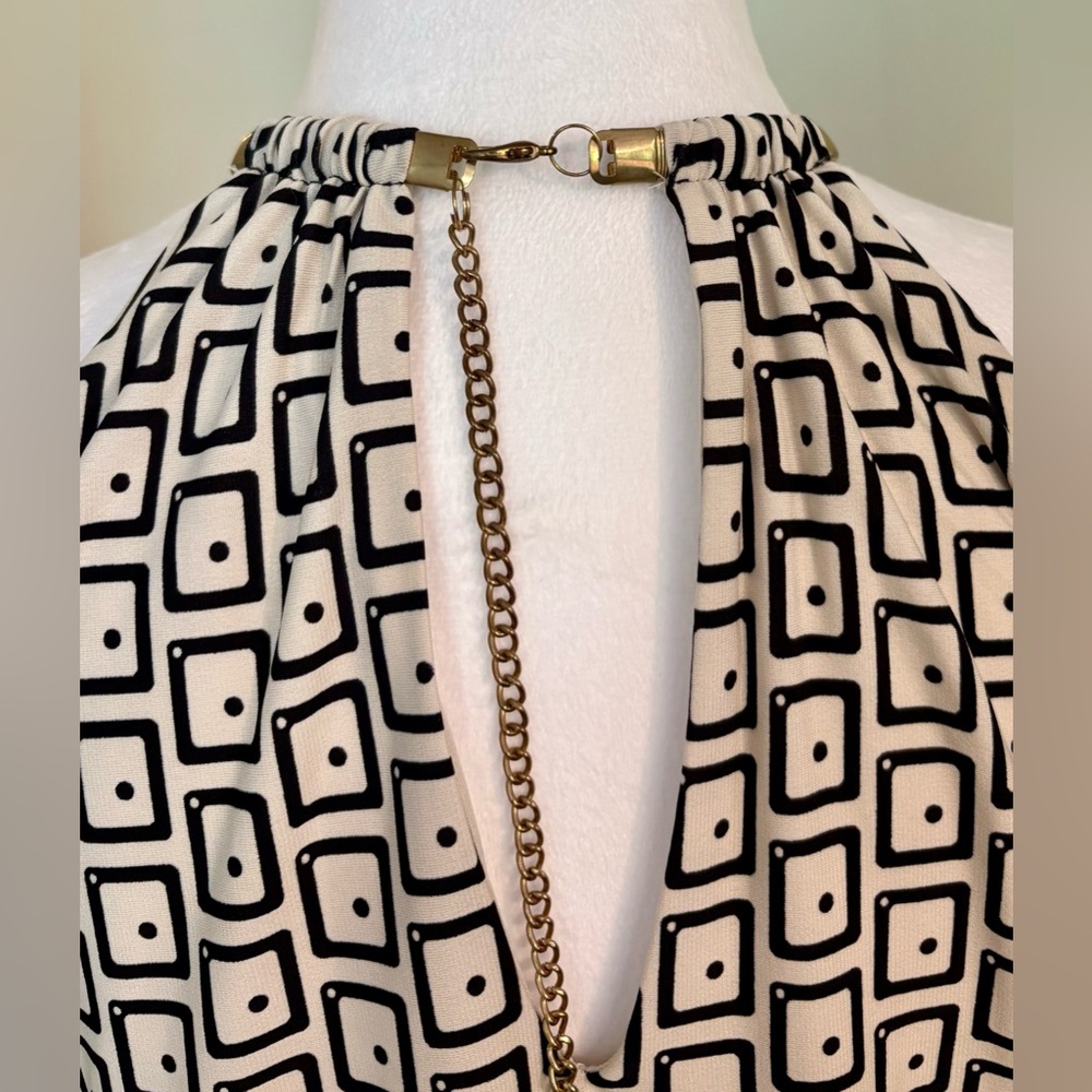 NWT, MSK, Halter Midi Dress with Gold Chain Neckline, Black/White/Blue, Size M - Picture 3 of 11